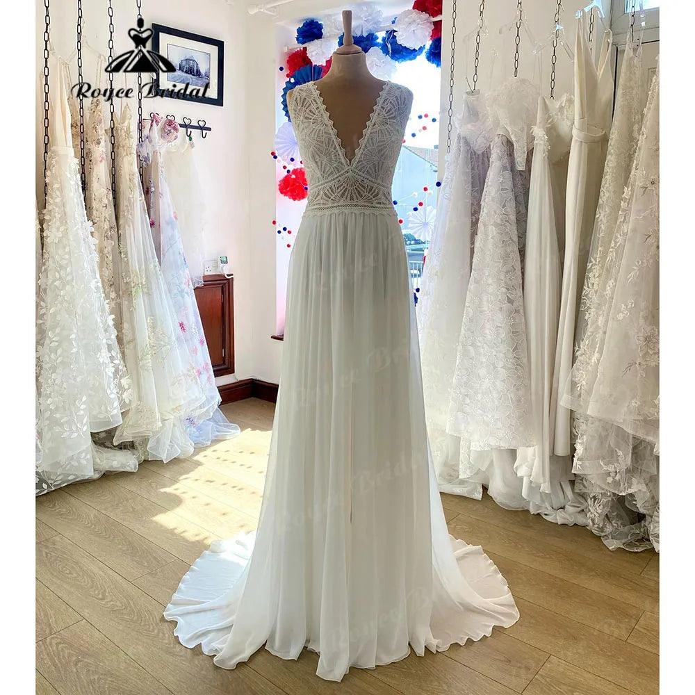 Robe Boheme Beach Boho Chiffon Sleeveless Lace Bodice Wedding Dress for Women V Neck Bridal Gown robe de soirée de mariage