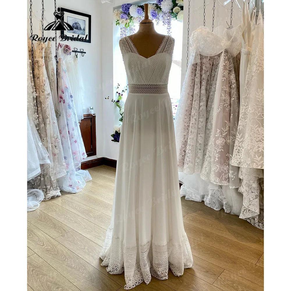 Robe Chic Sleeveless Lace Chiffon Boho Bohemian Wedding Dress for Women  Wedding Gown for Women vestido de novia NumberSea
