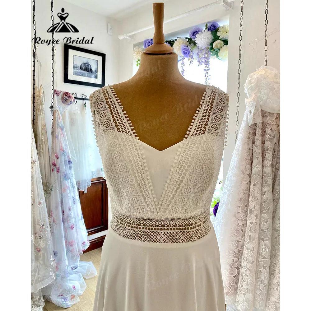 Robe Chic Sleeveless Lace Chiffon Boho Bohemian Wedding Dress for Women  Wedding Gown for Women vestido de novia NumberSea