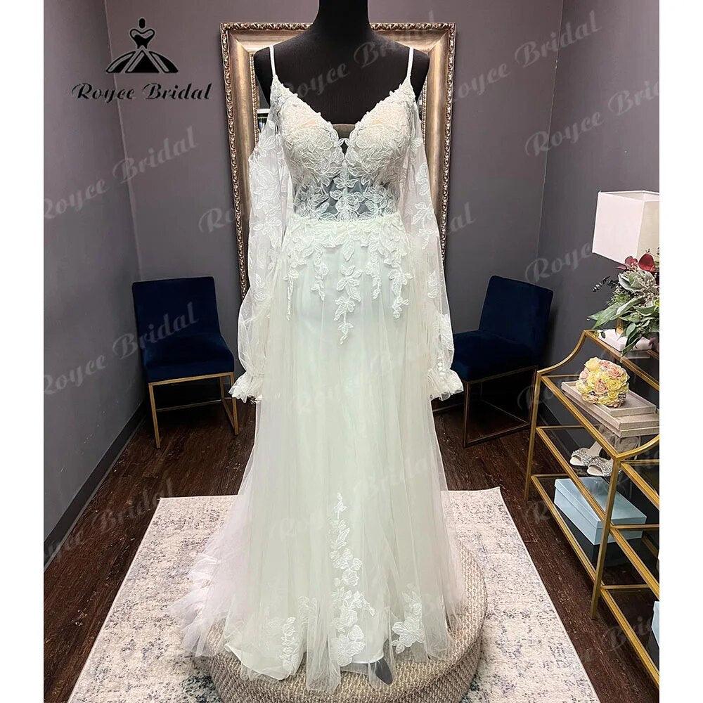 Robe Civil Long Sleeve Lace V Neck Open Back Off Shoulder Wedding Dress  Elegant Bridal Gown robe de mariée NumberSea