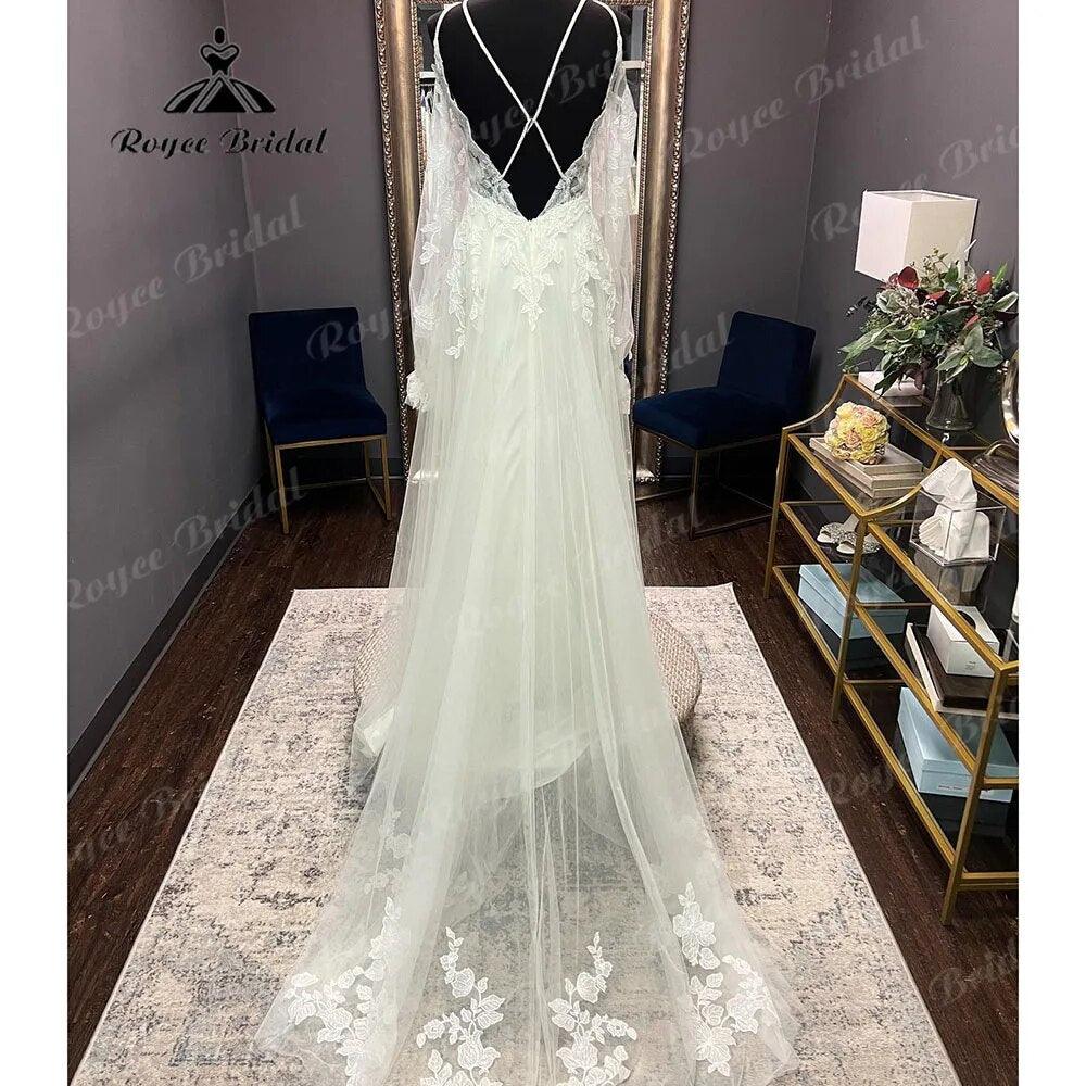 Robe Civil Long Sleeve Lace V Neck Open Back Off Shoulder Wedding Dress  Elegant Bridal Gown robe de mariée NumberSea