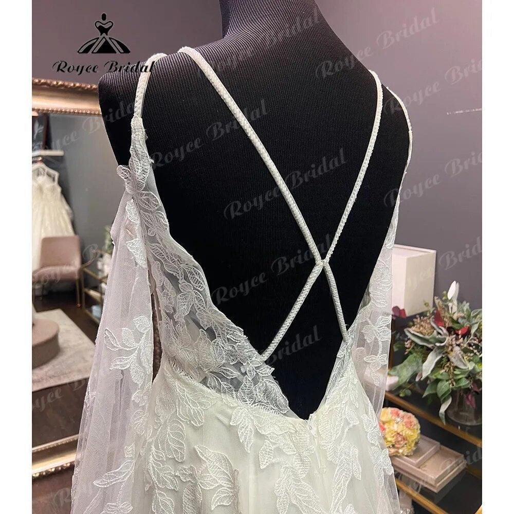 Robe Civil Long Sleeve Lace V Neck Open Back Off Shoulder Wedding Dress  Elegant Bridal Gown robe de mariée NumberSea