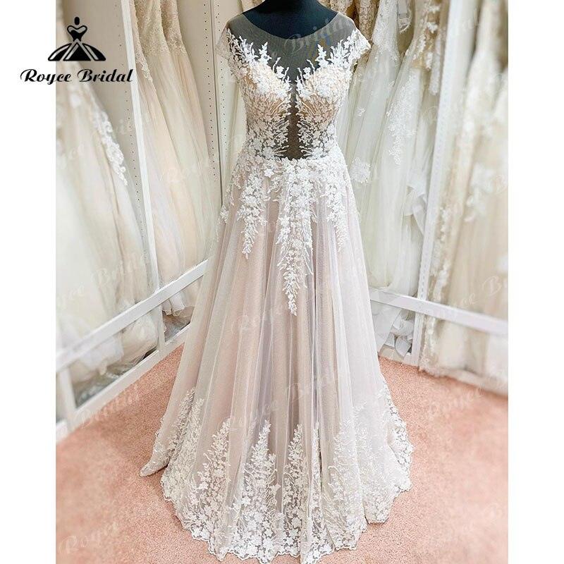 Robe De Mariage Unlined Bodice FLowy A Line Blush Pink Wedding Dress Cap Sleeve Lace Applique Backless roage be soirée mari