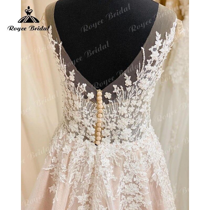 Robe De Mariage Unlined Bodice FLowy A Line Blush Pink Wedding Dress Cap Sleeve Lace Applique Backless roage be soirée mari