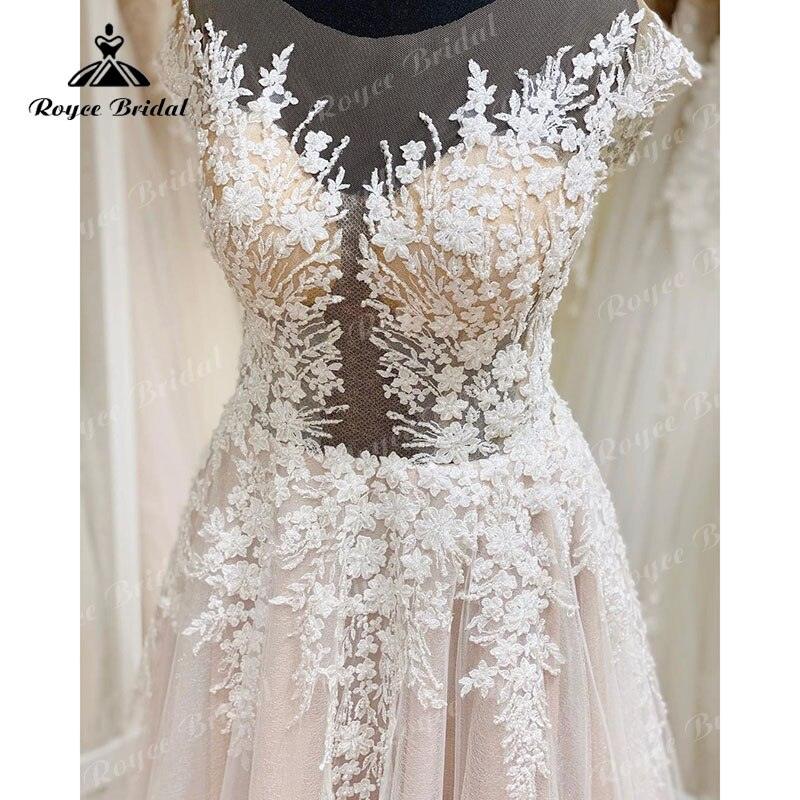 Robe De Mariage Unlined Bodice FLowy A Line Blush Pink Wedding Dress Cap Sleeve Lace Applique Backless roage be soirée mari