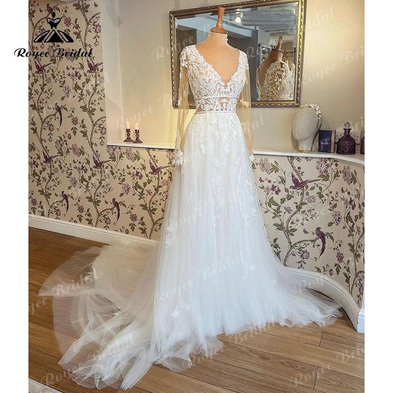 Robe De Mariee Mariage Wedding Dress Long Sleeve Lace Applique V Neck Sweep Train Bridal Gowns  Robe Civil vestidos de novia
