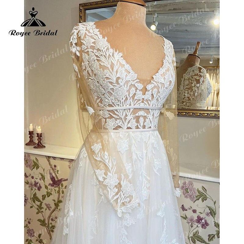 Robe De Mariee Mariage Wedding Dress Long Sleeve Lace Applique V Neck Sweep Train Bridal Gowns  Robe Civil vestidos de novia