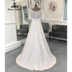 Robe Mariee A Line Boho Lace Bodice Soft Satin Wedding Gown with Short Sleeve Bridal Wedding Dress vestido de noiva simples