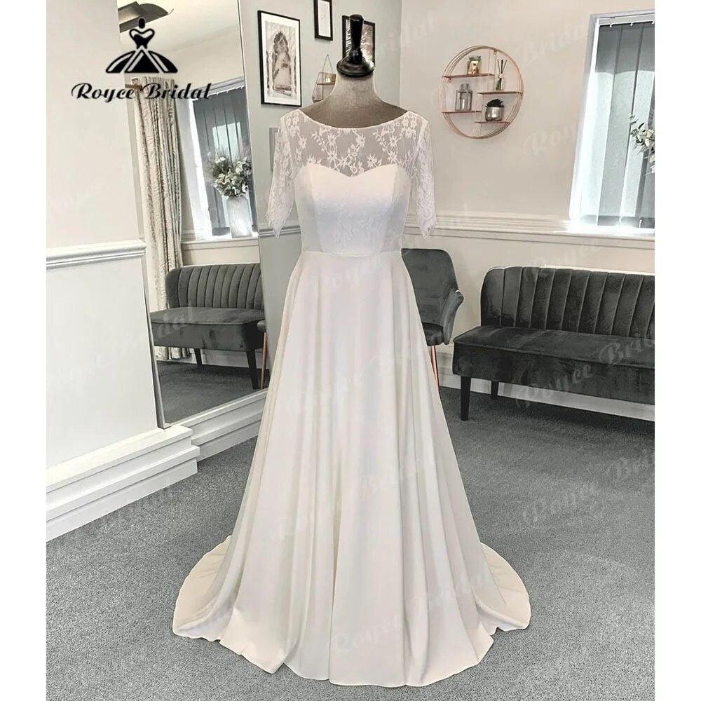 Robe Mariee A Line Boho Lace Bodice Soft Satin Wedding Gown with Short Sleeve Bridal Wedding Dress vestido de noiva simples