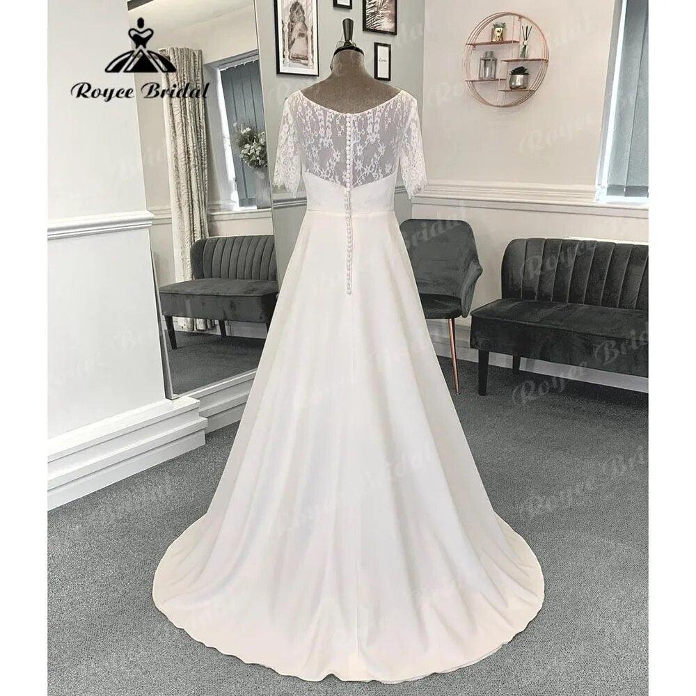 Robe Mariee A Line Boho Lace Bodice Soft Satin Wedding Gown with Short Sleeve Bridal Wedding Dress vestido de noiva simples