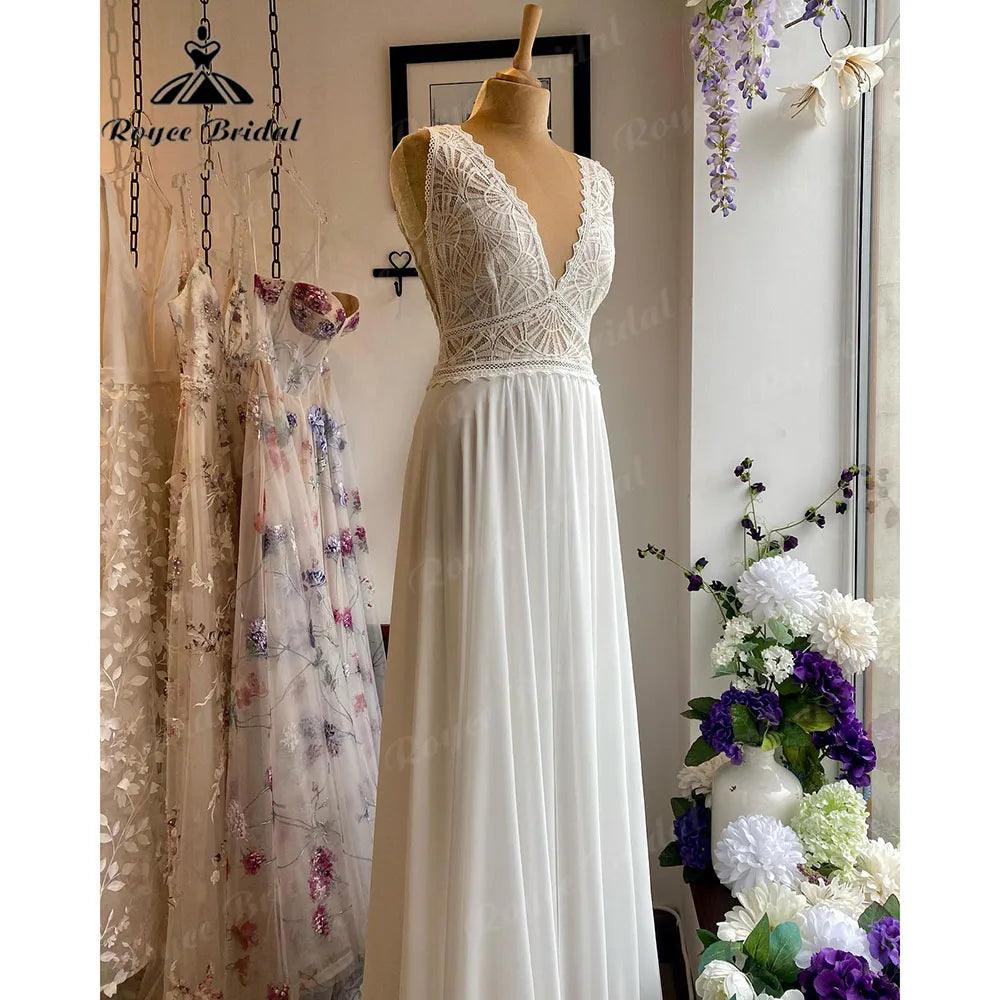 Robe Summer Lace Bodice Chiffon Boho V Neck Wedding Dress for Women Bridal Gown Custom Made vestido de novia NumberSea