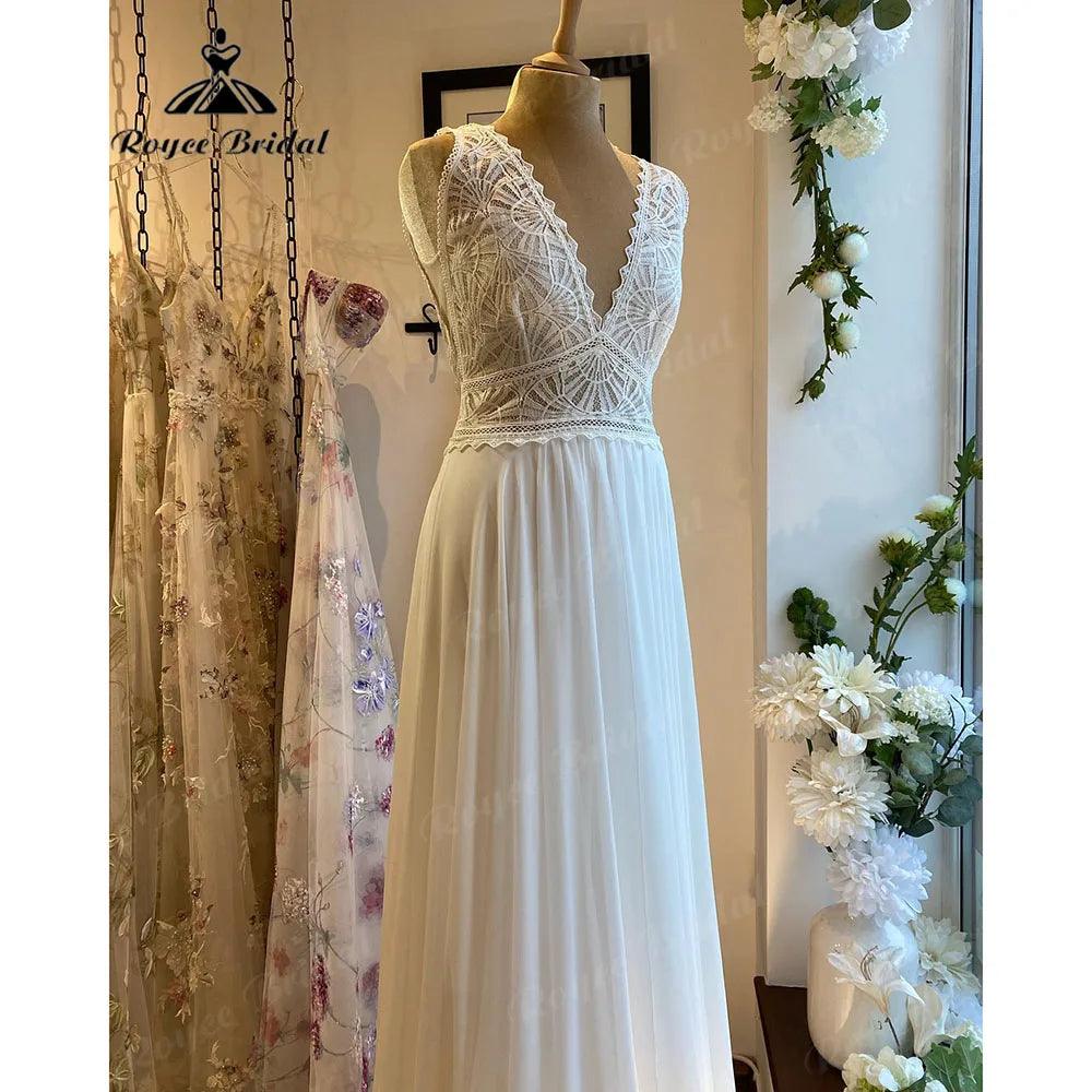 Robe Summer Lace Bodice Chiffon Boho V Neck Wedding Dress for Women Bridal Gown Custom Made vestido de novia NumberSea