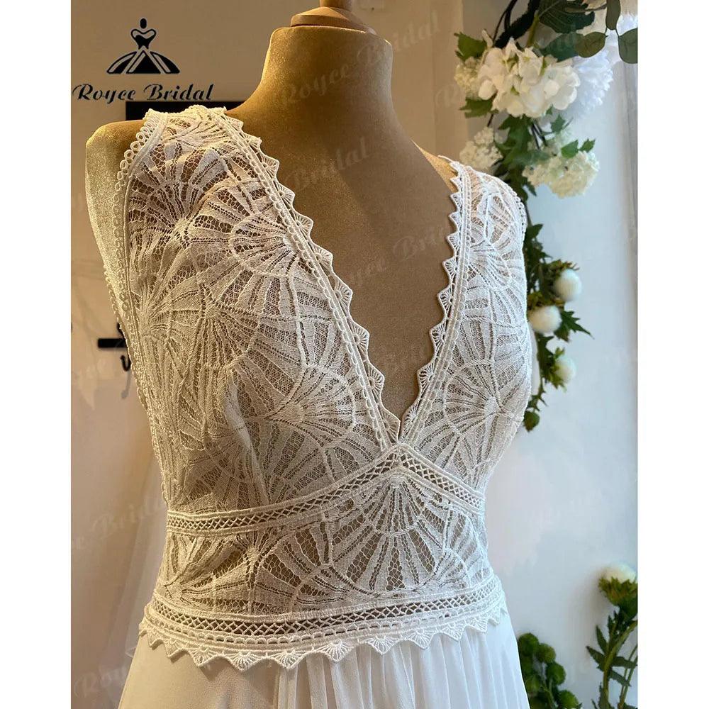 Robe Summer Lace Bodice Chiffon Boho V Neck Wedding Dress for Women Bridal Gown Custom Made vestido de novia NumberSea