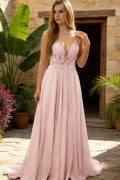Romantic Lace Applique Spaghetti Strap A-Line Prom Dress with Slit