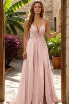 Romantic Lace Applique Spaghetti Strap A-Line Prom Dress with Slit