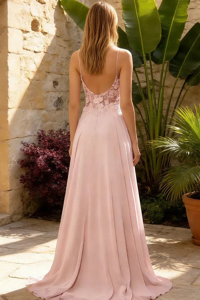 Romantic Lace Applique Spaghetti Strap A-Line Prom Dress with Slit