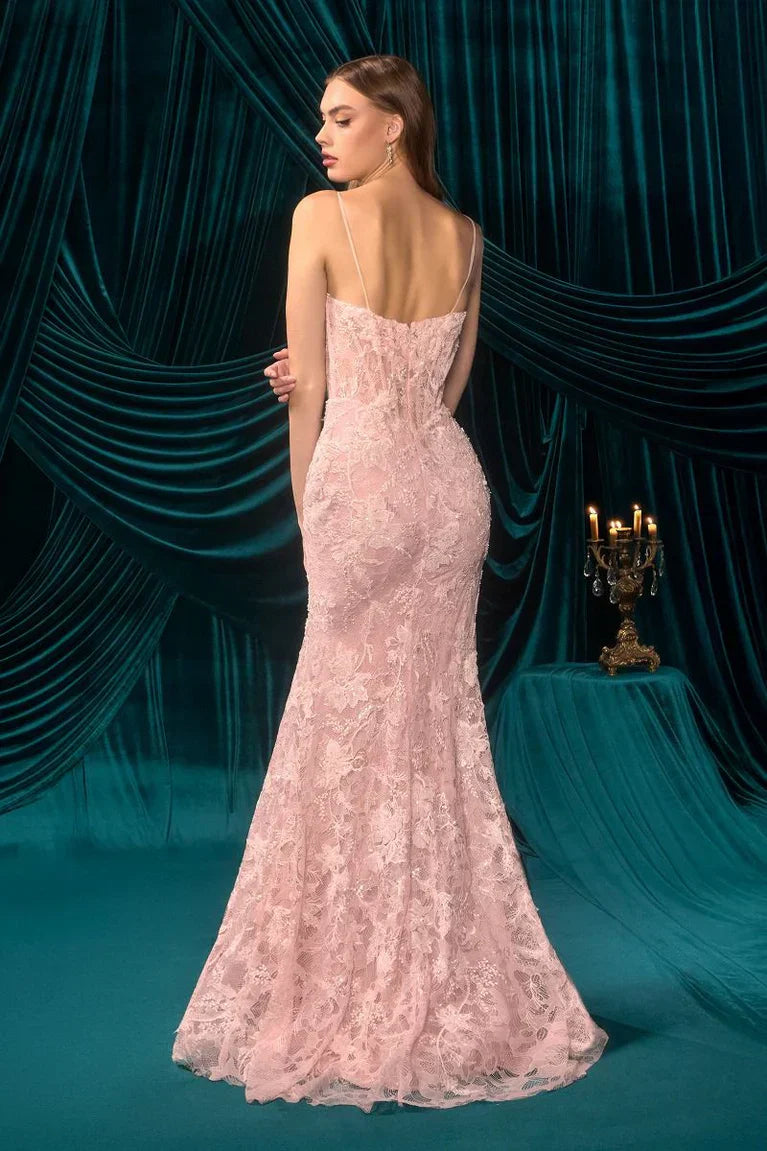 Romantic Blush Pink Lace Mermaid Gown with Spaghetti Straps: Prom Dress
