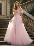 Romantic Off-the-Shoulder Tulle Ball Gown with 3D Floral Sleeves: Prom Dress