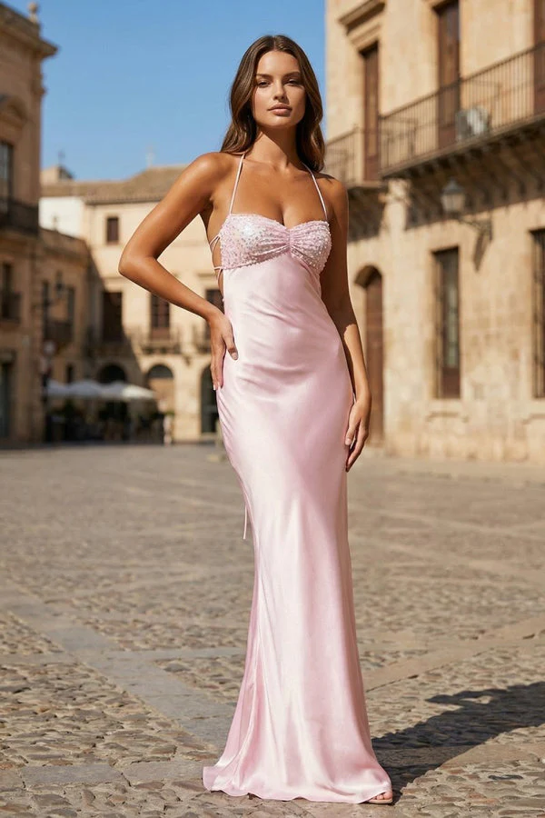 Romantic Satin Halter Neck Beaded Bust Prom Dress