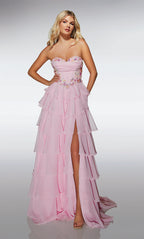 Romantic Blush  Strapless A-Line Gown with Floral Embellishments and Tiered Chiffon Skirt: Prom Dress