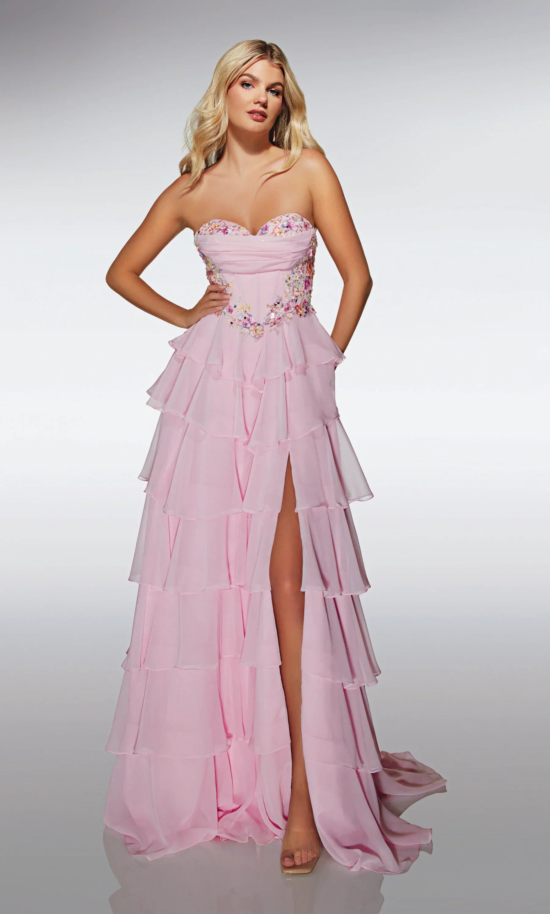 Romantic Blush  Strapless A-Line Gown with Floral Embellishments and Tiered Chiffon Skirt: Prom Dress