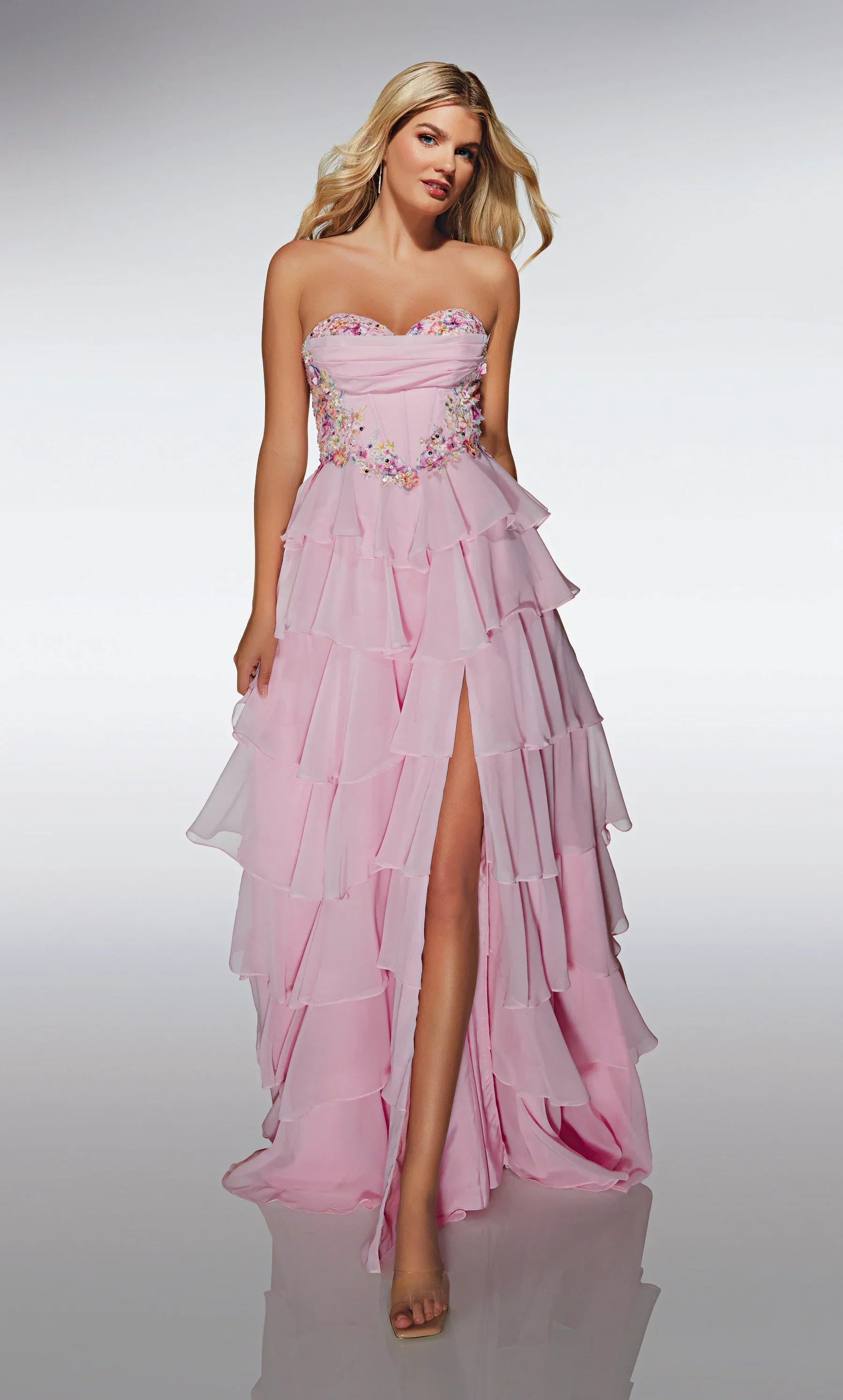 Romantic Blush  Strapless A-Line Gown with Floral Embellishments and Tiered Chiffon Skirt: Prom Dress