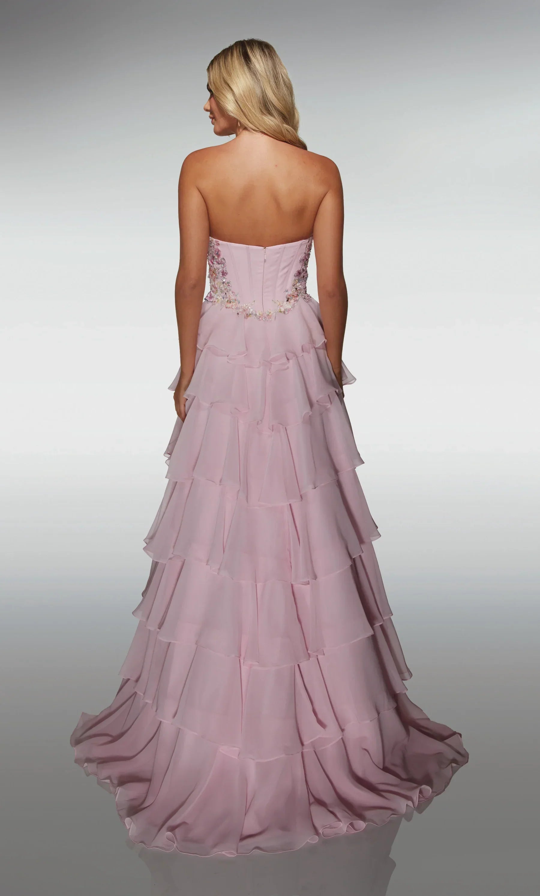 Romantic Blush  Strapless A-Line Gown with Floral Embellishments and Tiered Chiffon Skirt: Prom Dress