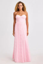 Romantic Strapless A-Line Gown with Swirl Lace Overlay: Prom Dress