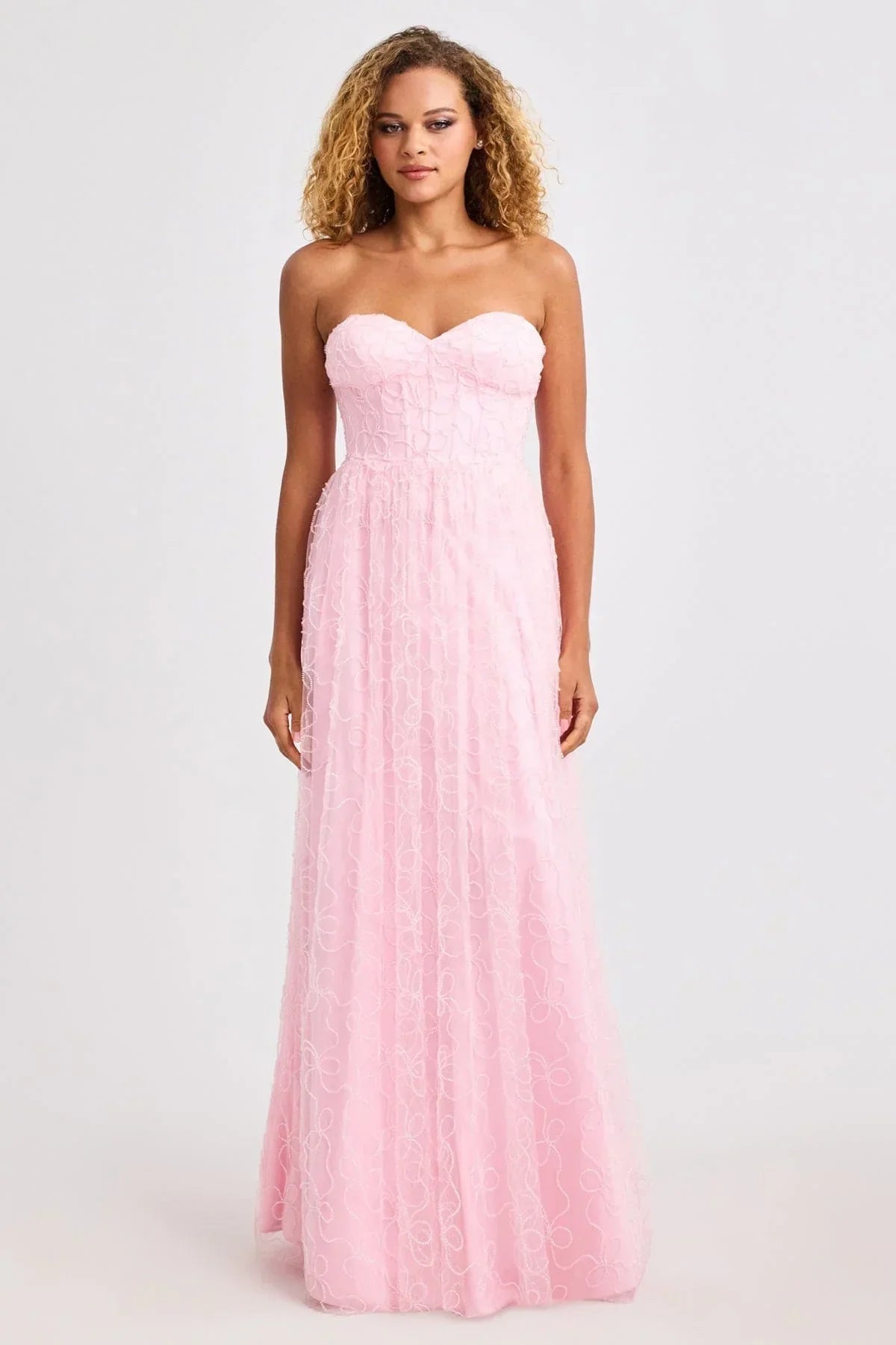 Romantic Strapless A-Line Gown with Swirl Lace Overlay: Prom Dress