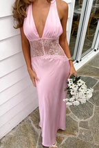 Romantic Halter V-Neck Sleeveless Lace-Waist Open-Back Maxi Prom Dress