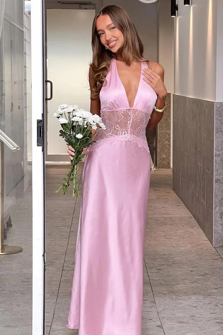 Romantic Halter V-Neck Sleeveless Lace-Waist Open-Back Maxi Prom Dress