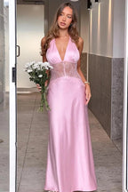 Romantic Halter V-Neck Sleeveless Lace-Waist Open-Back Maxi Prom Dress