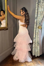 Romantic Mermaid Sweetheart Sleeveless Cutout-Back Tiered-Ruffle Prom Dress