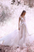 Romantic Tulle Ivory A-line Cap Sleeves Wedding Dresses, Bridal Gown