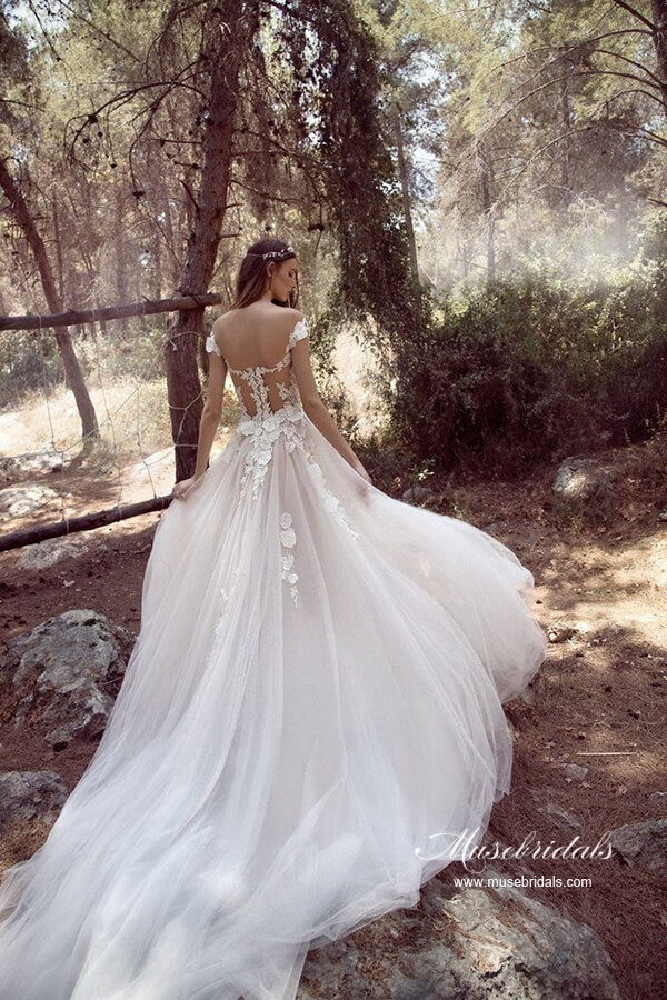 Romantic Tulle Ivory A-line Cap Sleeves Wedding Dresses, Bridal Gown