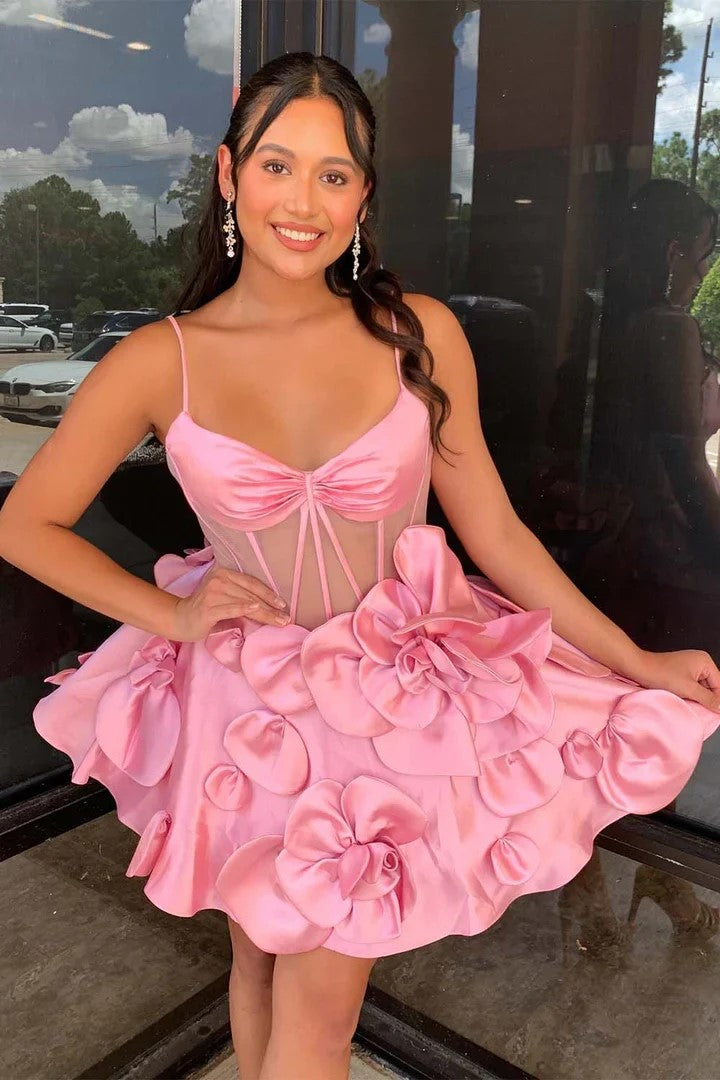 Rosette Straps Corset Homecoming Dress Short Prom Dress