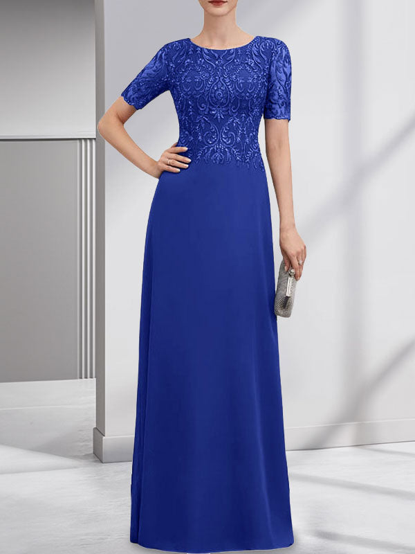 A-line Scoop Floor-Length Lace Chiffon Mother of the Bride Dress With Sequins