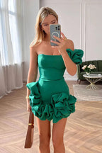 Ruffled Satin Short Party Dress One Shoulder Homecoming Dress