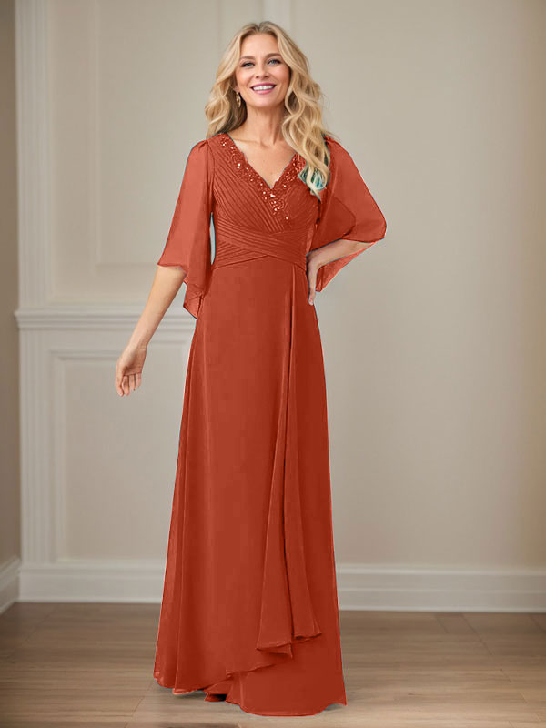A-Line V-Neck Long Sequins Chiffon Mother Dress