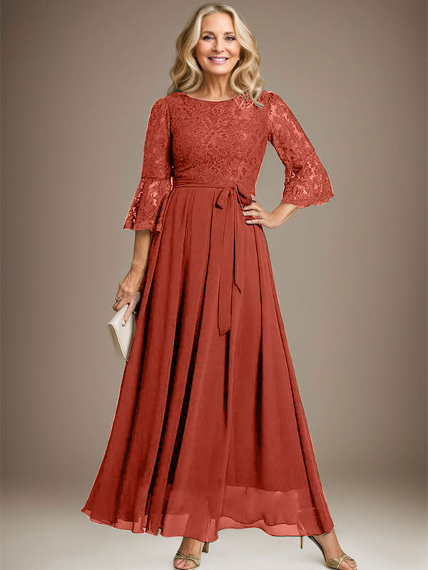 A-line Scoop Ankle-Length Lace Chiffon Mother of the Bride Dress With Bow