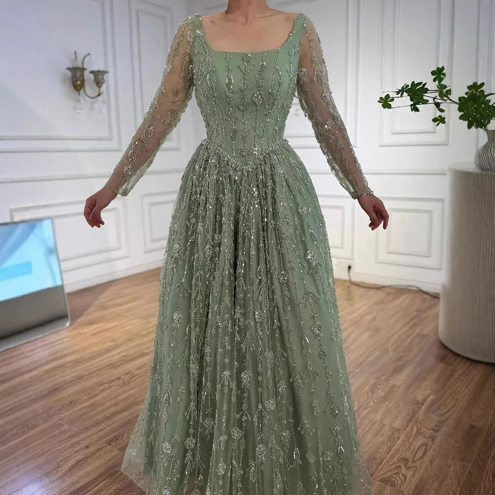 Luxury Sage Green Beaded Evening Dress with Long Sleeves