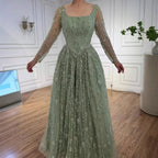 Luxury Sage Green Beaded Evening Dress with Long Sleeves