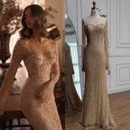 Luxury Arabic Lace Beaded Mermaid Evening Dress with Sleeves