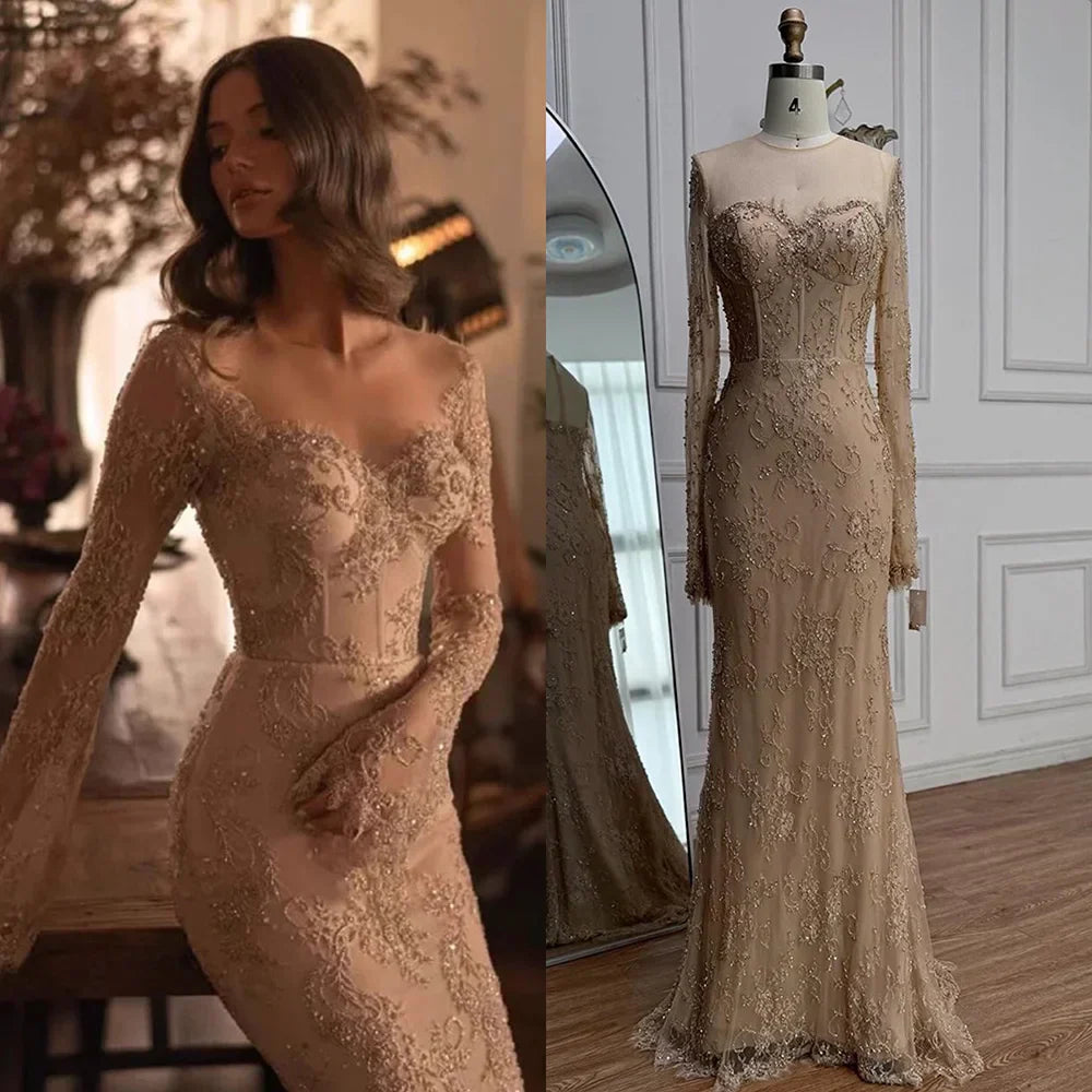Luxury Arabic Lace Beaded Mermaid Evening Dress with Sleeves
