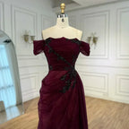 Elegant Wine Red Off Shoulder Lace Evening Dress with Appliques