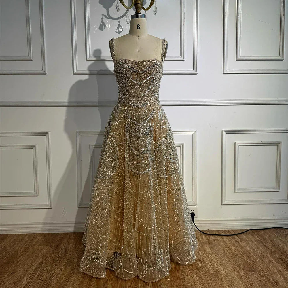 Luxury Nude A-Line Evening Dress with Pearls and Crystals