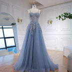 Luxury Gray Tulle A Line Prom Dress with Floral Appliques