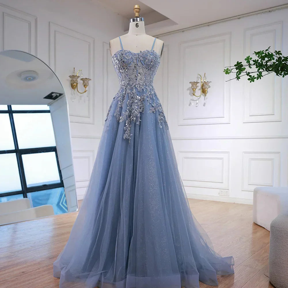 Luxury Gray Tulle A Line Prom Dress with Floral Appliques