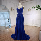 Luxury Navy Blue Lace Slit Prom Dress with Spaghetti Straps