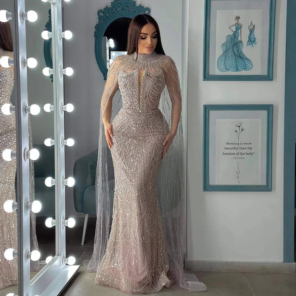 Luxury Evening Dress Nude Pearls Beaded Gown With Tulle Train